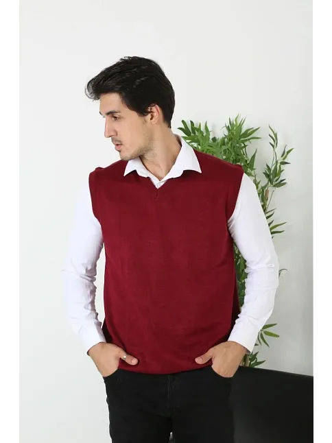Erkek V Yaka Kolsuz Süveter Triko Kazak Yumuşak Dokulu Pamuklu İnce Dokuma Rahat Regular Kalıp - Bordo