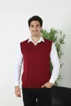 Erkek V Yaka Kolsuz Süveter Triko Kazak Yumuşak Dokulu Pamuklu İnce Dokuma Rahat Regular Kalıp - Bordo