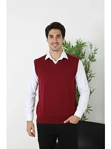 Erkek V Yaka Kolsuz Süveter Triko Kazak Yumuşak Dokulu Pamuklu İnce Dokuma Rahat Regular Kalıp - Bordo