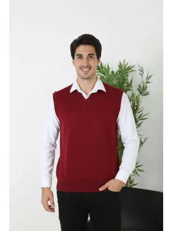 Erkek V Yaka Kolsuz Süveter Triko Kazak Yumuşak Dokulu Pamuklu İnce Dokuma Rahat Regular Kalıp - Bordo