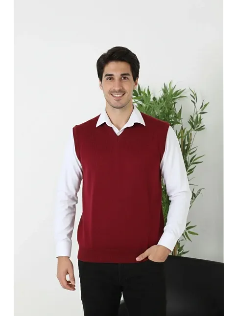 Erkek V Yaka Kolsuz Süveter Triko Kazak Yumuşak Dokulu Pamuklu İnce Dokuma Rahat Regular Kalıp - Bordo
