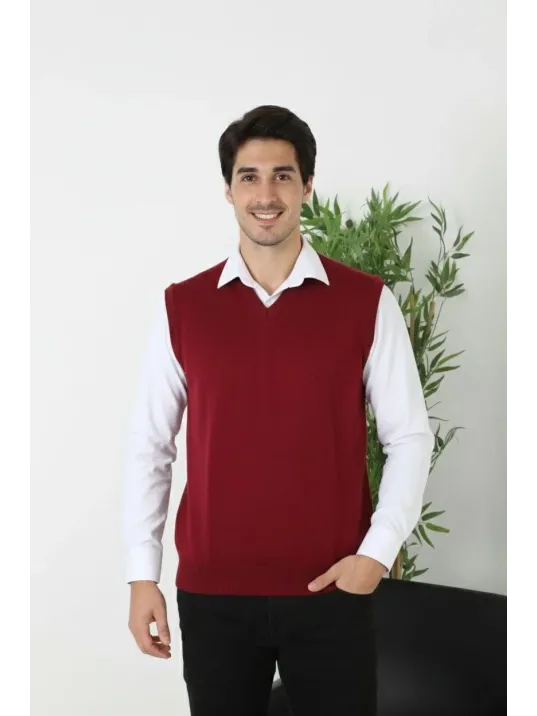 Erkek V Yaka Kolsuz Süveter Triko Kazak Yumuşak Dokulu Pamuklu İnce Dokuma Rahat Regular Kalıp - Bordo
