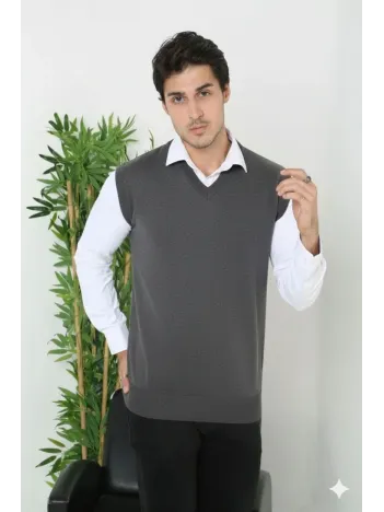 Erkek V Yaka Kolsuz Süveter Triko Kazak Yumuşak Dokulu Pamuklu İnce Dokuma Rahat Regular Kalıp - Füme