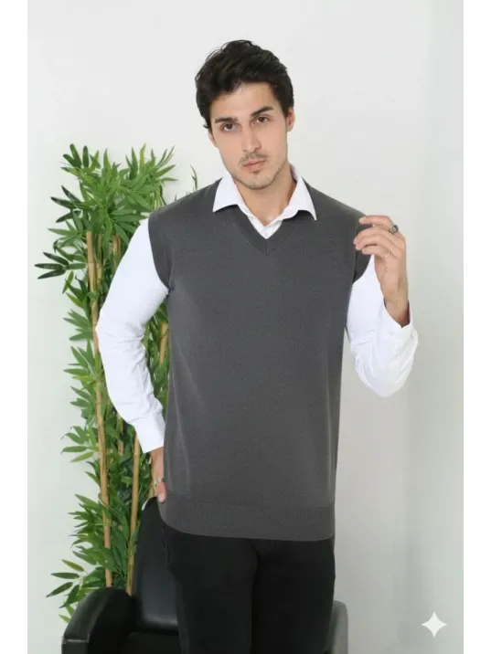 Erkek V Yaka Kolsuz Süveter Triko Kazak Yumuşak Dokulu Pamuklu İnce Dokuma Rahat Regular Kalıp - Füme