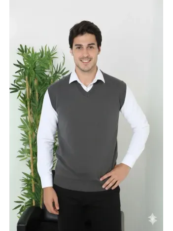 Erkek V Yaka Kolsuz Süveter Triko Kazak Yumuşak Dokulu Pamuklu İnce Dokuma Rahat Regular Kalıp - Füme