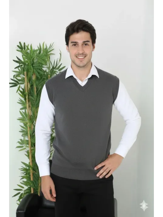 Erkek V Yaka Kolsuz Süveter Triko Kazak Yumuşak Dokulu Pamuklu İnce Dokuma Rahat Regular Kalıp - Füme