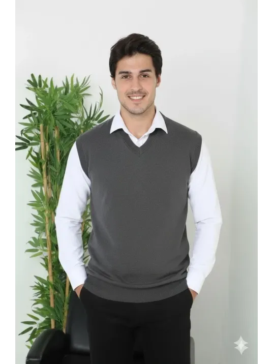 Erkek V Yaka Kolsuz Süveter Triko Kazak Yumuşak Dokulu Pamuklu İnce Dokuma Rahat Regular Kalıp - Füme