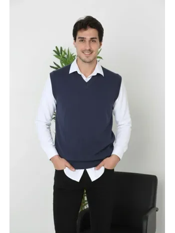Erkek V Yaka Kolsuz Süveter Triko Kazak Yumuşak Dokulu Pamuklu İnce Dokuma Rahat Regular Kalıp - Lacivert