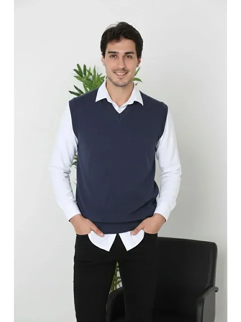 Erkek V Yaka Kolsuz Süveter Triko Kazak Yumuşak Dokulu Pamuklu İnce Dokuma Rahat Regular Kalıp - Lacivert
