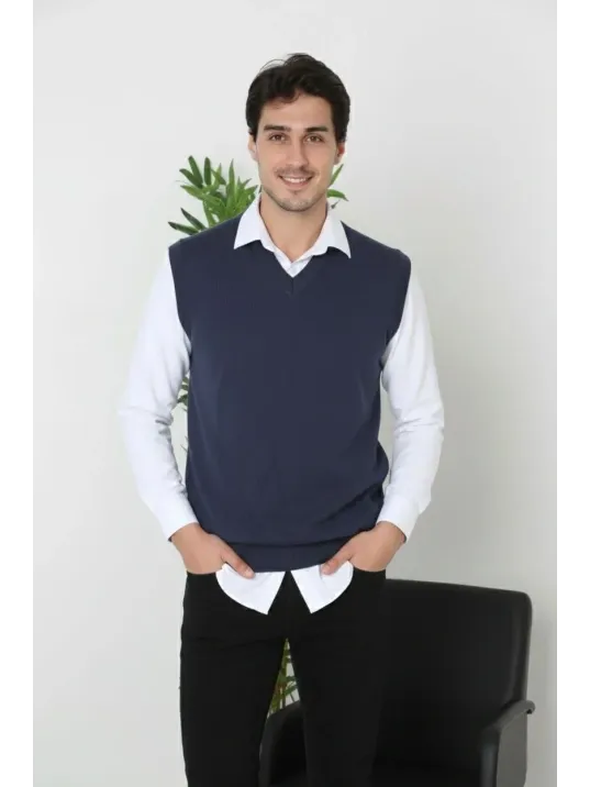 Erkek V Yaka Kolsuz Süveter Triko Kazak Yumuşak Dokulu Pamuklu İnce Dokuma Rahat Regular Kalıp - Lacivert