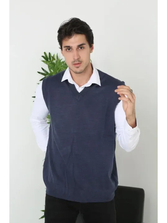 Erkek V Yaka Kolsuz Süveter Triko Kazak Yumuşak Dokulu Pamuklu İnce Dokuma Rahat Regular Kalıp - Lacivert