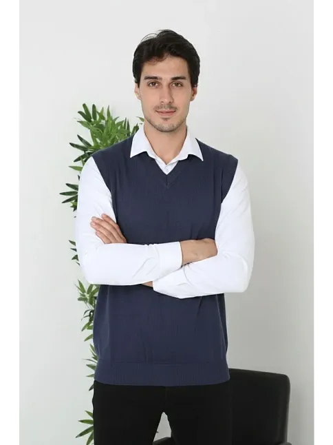 Erkek V Yaka Kolsuz Süveter Triko Kazak Yumuşak Dokulu Pamuklu İnce Dokuma Rahat Regular Kalıp - Lacivert