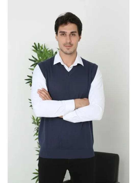 Erkek V Yaka Kolsuz Süveter Triko Kazak Yumuşak Dokulu Pamuklu İnce Dokuma Rahat Regular Kalıp - Lacivert
