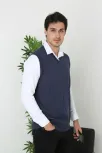 Erkek V Yaka Kolsuz Süveter Triko Kazak Yumuşak Dokulu Pamuklu İnce Dokuma Rahat Regular Kalıp - Lacivert