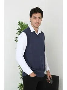 Erkek V Yaka Kolsuz Süveter Triko Kazak Yumuşak Dokulu Pamuklu İnce Dokuma Rahat Regular Kalıp - Lacivert