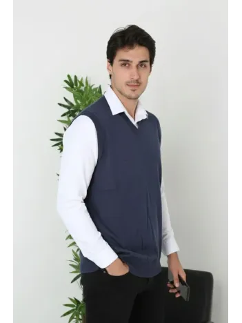 Erkek V Yaka Kolsuz Süveter Triko Kazak Yumuşak Dokulu Pamuklu İnce Dokuma Rahat Regular Kalıp - Lacivert