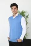 Erkek V Yaka Kolsuz Süveter Triko Kazak Yumuşak Dokulu Pamuklu İnce Dokuma Rahat Regular Kalıp - Mavi