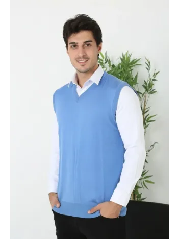 Erkek V Yaka Kolsuz Süveter Triko Kazak Yumuşak Dokulu Pamuklu İnce Dokuma Rahat Regular Kalıp - Mavi
