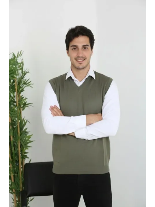 Erkek V Yaka Kolsuz Süveter Triko Kazak Yumuşak Dokulu Pamuklu İnce Dokuma Rahat Regular Kalıp - Haki
