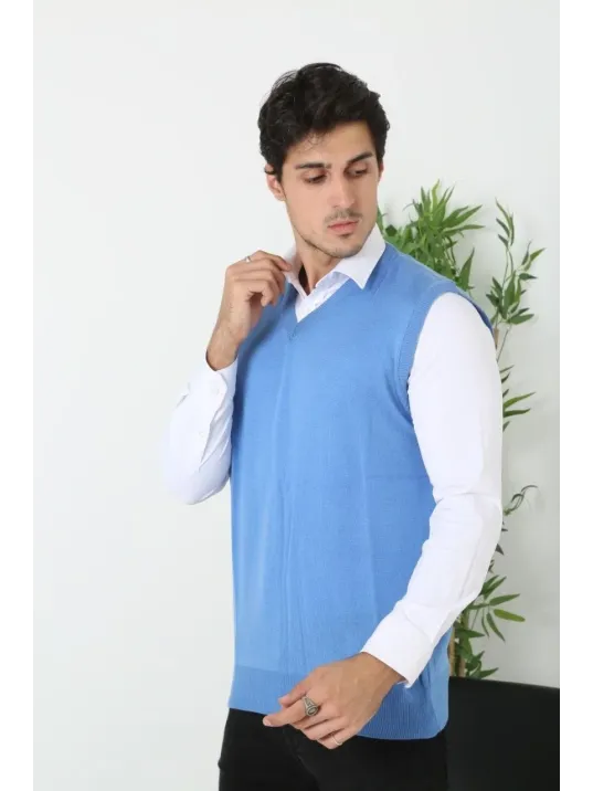 Erkek V Yaka Kolsuz Süveter Triko Kazak Yumuşak Dokulu Pamuklu İnce Dokuma Rahat Regular Kalıp - Mavi