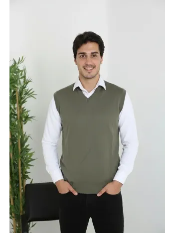 Erkek V Yaka Kolsuz Süveter Triko Kazak Yumuşak Dokulu Pamuklu İnce Dokuma Rahat Regular Kalıp - Haki