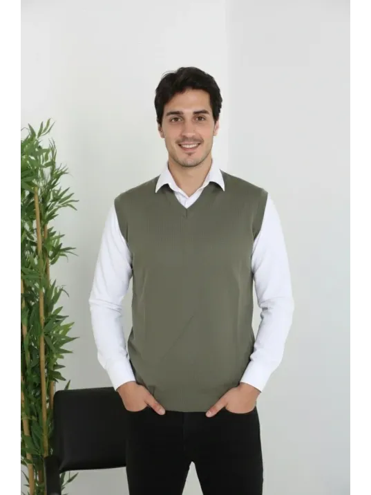 Erkek V Yaka Kolsuz Süveter Triko Kazak Yumuşak Dokulu Pamuklu İnce Dokuma Rahat Regular Kalıp - Haki