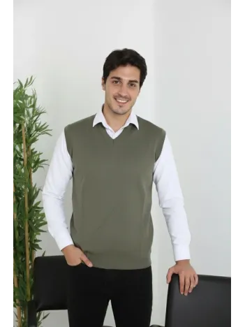 Erkek V Yaka Kolsuz Süveter Triko Kazak Yumuşak Dokulu Pamuklu İnce Dokuma Rahat Regular Kalıp - Haki