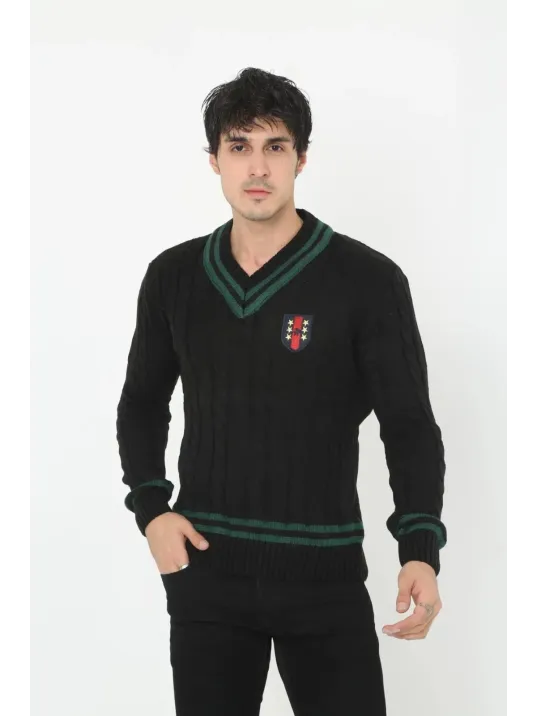 Erkek V Yaka Örgülü Kazak - Siyah Erkek V Yaka Örgülü Kazak - Siyah