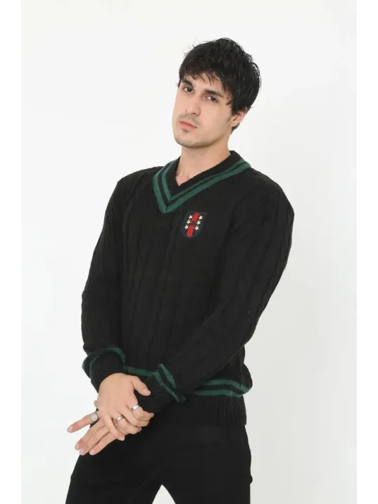 Erkek V Yaka Örgülü Kazak - Siyah Erkek V Yaka Örgülü Kazak - Siyah