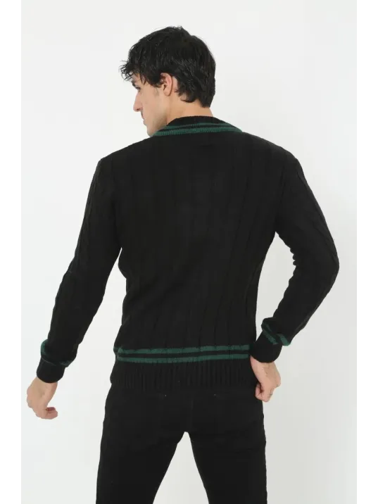 Erkek V Yaka Örgülü Kazak - Siyah Erkek V Yaka Örgülü Kazak - Siyah