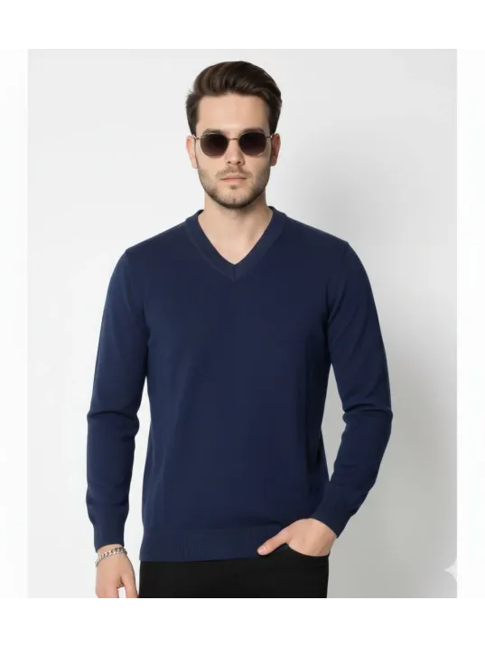 Erkek V Yaka Triko Kazak Yumuşak Dokulu Pamuklu İnce Dokuma, Uzun Kollu Rahat Regular Kalıp - Lacivert