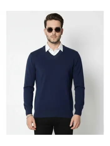 Erkek V Yaka Triko Kazak Yumuşak Dokulu Pamuklu İnce Dokuma, Uzun Kollu Rahat Regular Kalıp - Lacivert