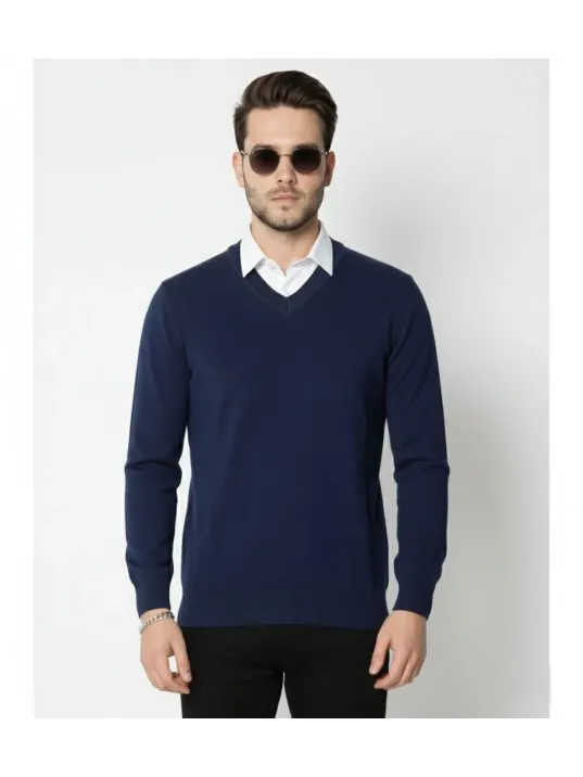Erkek V Yaka Triko Kazak Yumuşak Dokulu Pamuklu İnce Dokuma, Uzun Kollu Rahat Regular Kalıp - Lacivert