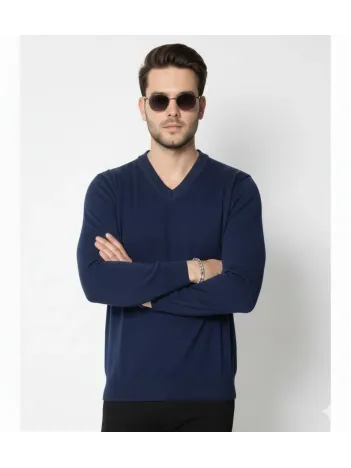 Erkek V Yaka Triko Kazak Yumuşak Dokulu Pamuklu İnce Dokuma, Uzun Kollu Rahat Regular Kalıp - Lacivert
