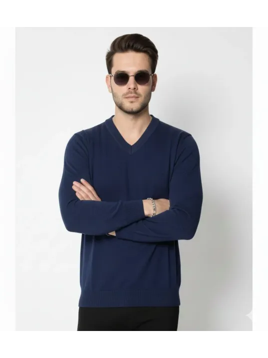 Erkek V Yaka Triko Kazak Yumuşak Dokulu Pamuklu İnce Dokuma, Uzun Kollu Rahat Regular Kalıp - Lacivert