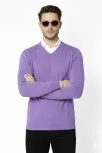 Erkek V Yaka Triko Kazak Yumuşak Dokulu Pamuklu İnce Dokuma, Uzun Kollu Rahat Regular Kalıp - Mor