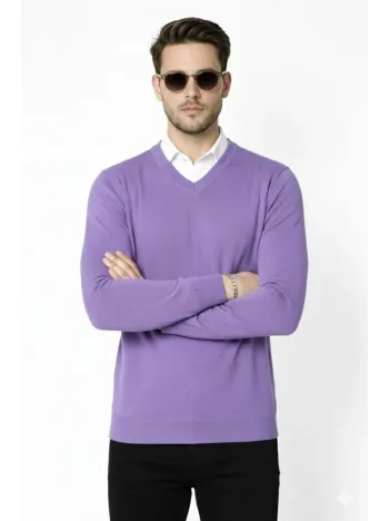 Erkek V Yaka Triko Kazak Yumuşak Dokulu Pamuklu İnce Dokuma, Uzun Kollu Rahat Regular Kalıp - Mor