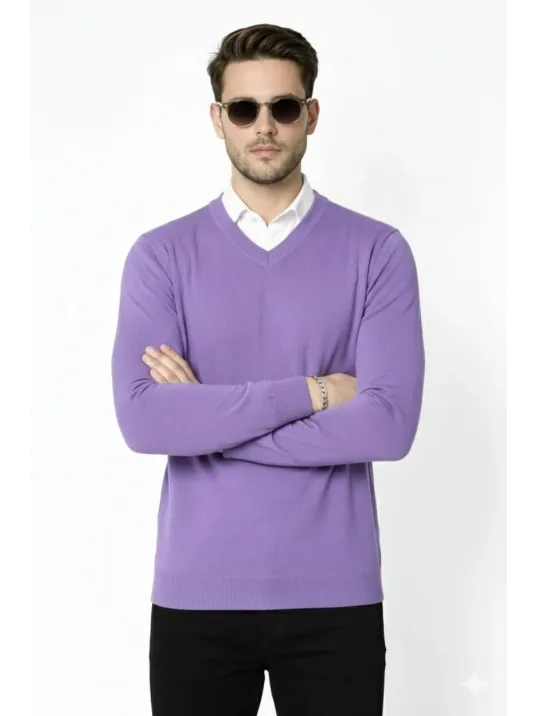 Erkek V Yaka Triko Kazak Yumuşak Dokulu Pamuklu İnce Dokuma, Uzun Kollu Rahat Regular Kalıp - Mor