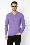 Erkek V Yaka Triko Kazak Yumuşak Dokulu Pamuklu İnce Dokuma, Uzun Kollu Rahat Regular Kalıp - Mor
