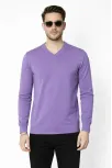Erkek V Yaka Triko Kazak Yumuşak Dokulu Pamuklu İnce Dokuma, Uzun Kollu Rahat Regular Kalıp - Mor