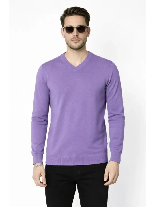Erkek V Yaka Triko Kazak Yumuşak Dokulu Pamuklu İnce Dokuma, Uzun Kollu Rahat Regular Kalıp - Mor