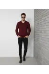 Erkek V Yaka Triko Kazak Yumuşak Dokulu Pamuklu İnce Dokuma, Uzun Kollu Rahat Regular Kalıp - Bordo