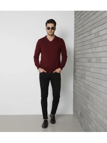 Erkek V Yaka Triko Kazak Yumuşak Dokulu Pamuklu İnce Dokuma, Uzun Kollu Rahat Regular Kalıp - Bordo