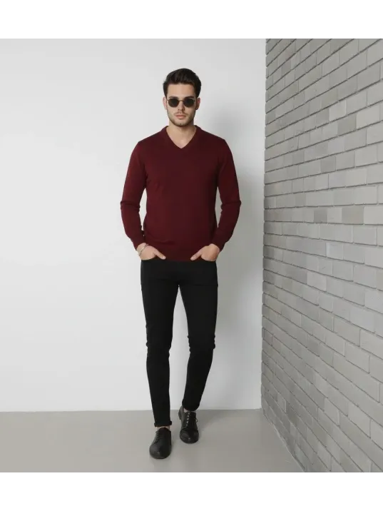Erkek V Yaka Triko Kazak Yumuşak Dokulu Pamuklu İnce Dokuma, Uzun Kollu Rahat Regular Kalıp - Bordo