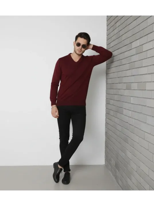 Erkek V Yaka Triko Kazak Yumuşak Dokulu Pamuklu İnce Dokuma, Uzun Kollu Rahat Regular Kalıp - Bordo