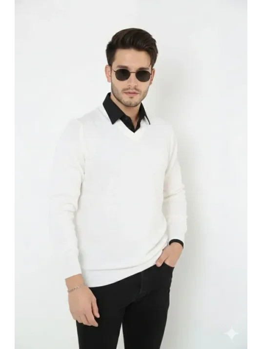 Erkek V Yaka Triko Kazak Yumuşak Dokulu Pamuklu İnce Dokuma, Uzun Kollu Rahat Regular Kalıp - Beyaz