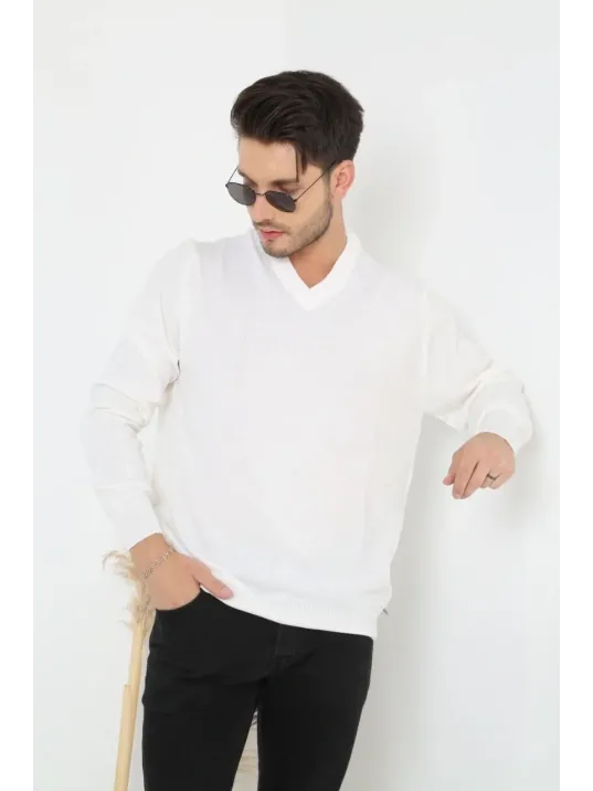 Erkek V Yaka Triko Kazak Yumuşak Dokulu Pamuklu İnce Dokuma, Uzun Kollu Rahat Regular Kalıp - Beyaz