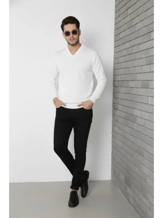 Erkek V Yaka Triko Kazak Yumuşak Dokulu Pamuklu İnce Dokuma, Uzun Kollu Rahat Regular Kalıp - Beyaz