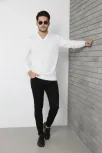 Erkek V Yaka Triko Kazak Yumuşak Dokulu Pamuklu İnce Dokuma, Uzun Kollu Rahat Regular Kalıp - Beyaz