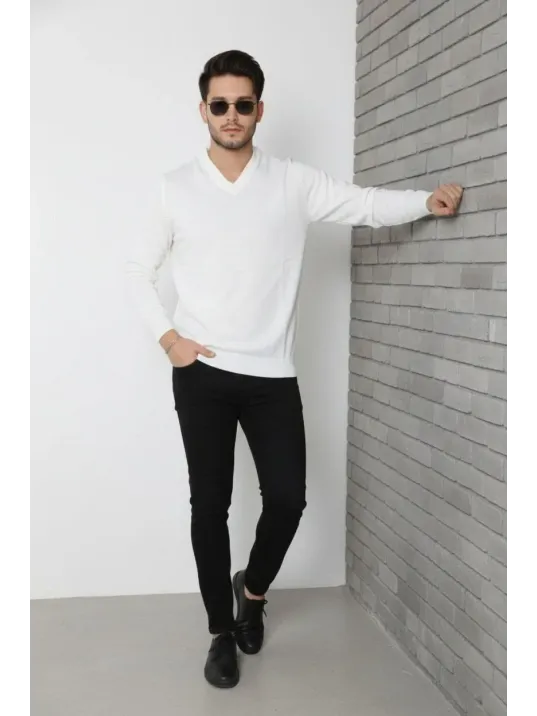 Erkek V Yaka Triko Kazak Yumuşak Dokulu Pamuklu İnce Dokuma, Uzun Kollu Rahat Regular Kalıp - Beyaz